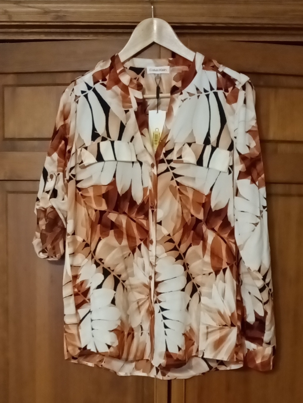 Calvin Klein Brown and Cream Leaf-Print Button-Down Blouse